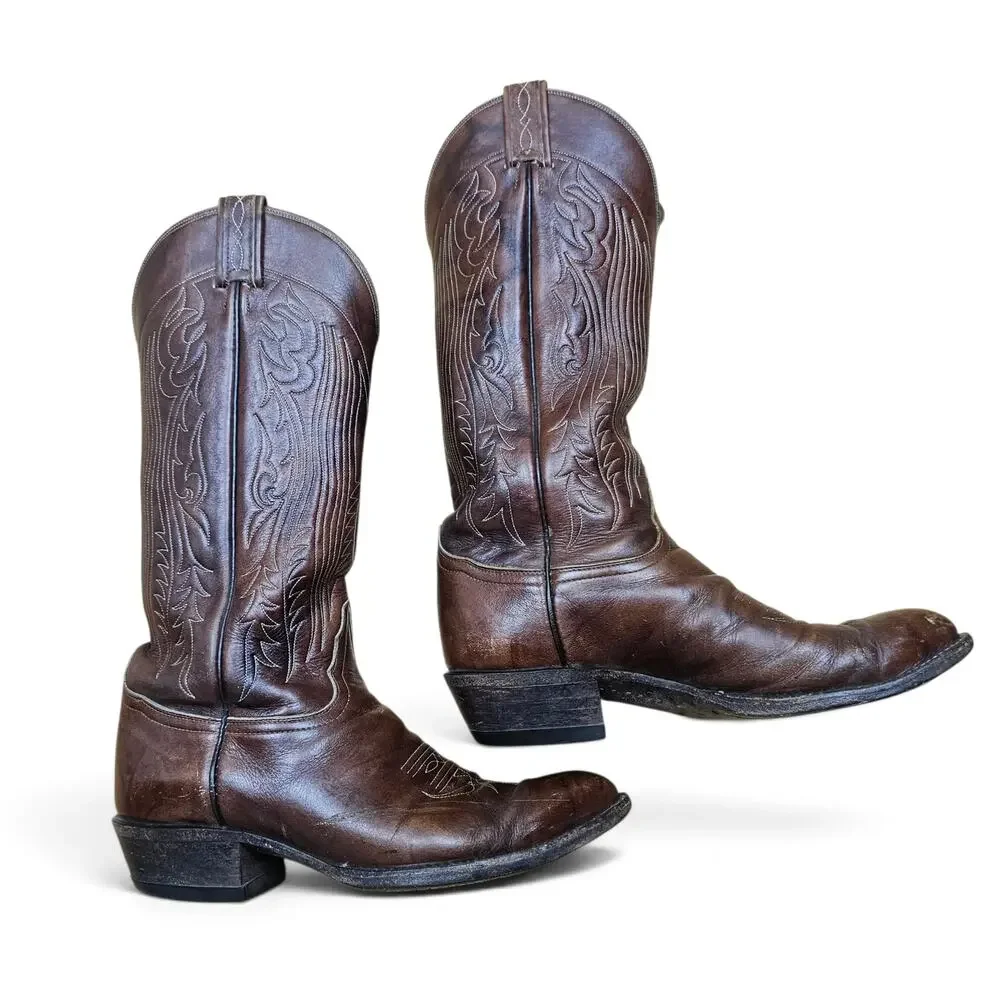 TONY LAMA Cowboy Boots Men's 8 EE VTG 80's USA Brown Leather Western Ranchwear